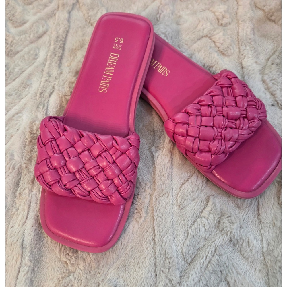 Dream Pairs Womens Braided Slide Sandals Pink Square Toe Flat Mules Size 6.5‎